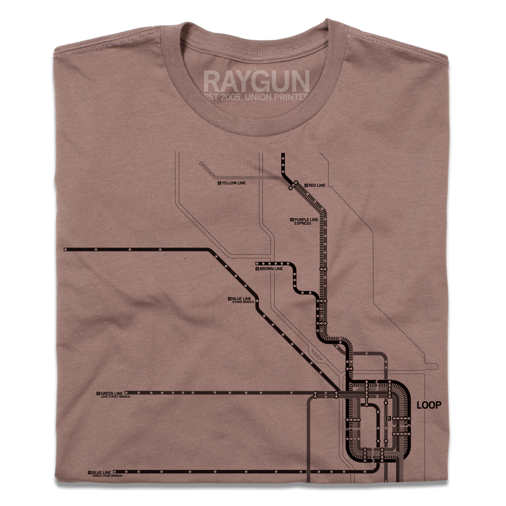 Folded light brown heavyweight t-shirt with dark brown ink depicting a detailed map of Chicago Loop train lines.