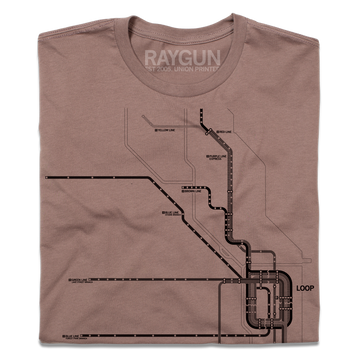 Folded light brown heavyweight t-shirt with dark brown ink depicting a detailed map of Chicago Loop train lines.