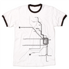Short sleeve white ringer shirt with black color and black sleeve accents. Black ink print depicts Chicago's Loop train line.