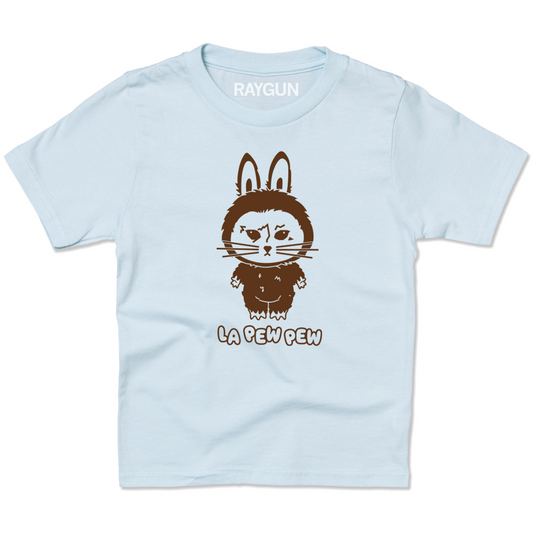 Ice blue RAYGUN t-shirt featuring a brown graphic of a grumpy-looking rabbit and the text LA PEW PEW.