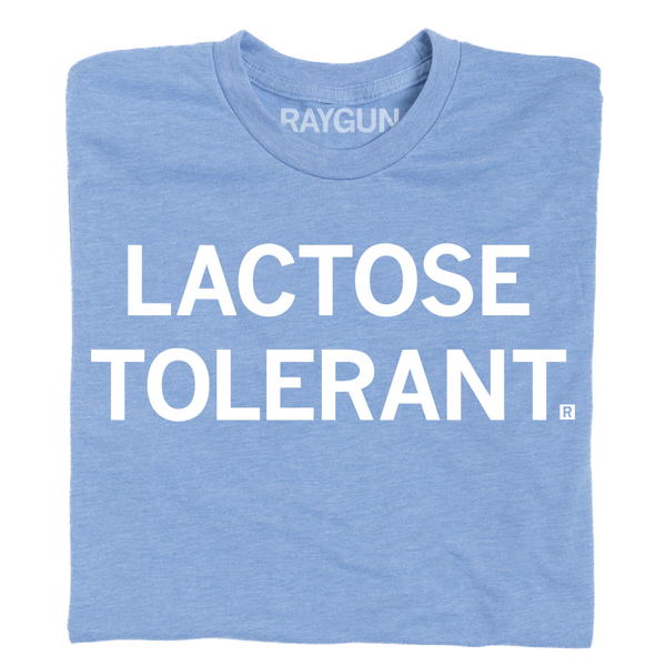 Heather blue t-shirt with white ink text that says, 