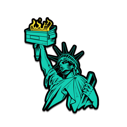 A die-cut sticker of the statue of liberty holding a dumpster that's on fire.