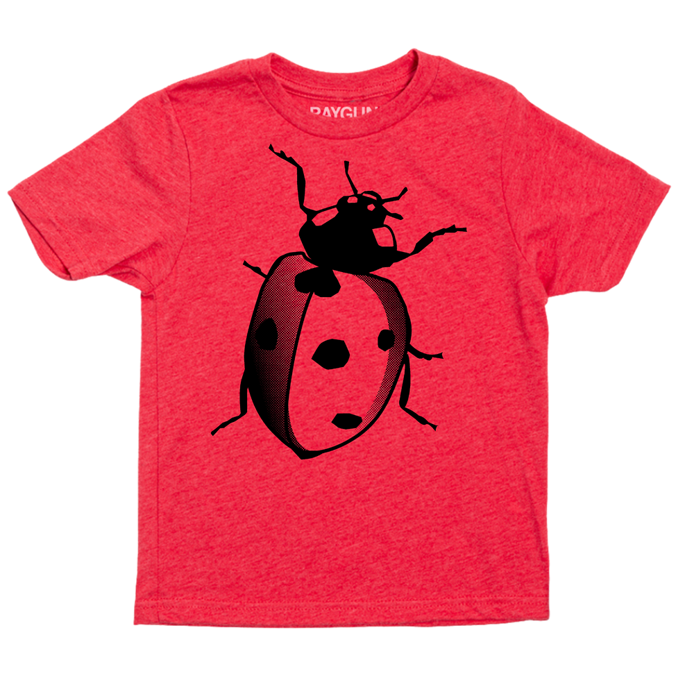 Heather red youth t-shirt with a black ladybug screenprint.