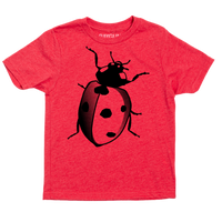 Heather red youth t-shirt with a black ladybug screenprint.