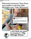 Promo image with the headline "Wisconsin Governor Tony Evers uses napkin to declare Lake Michigan now Lake Wisconsin" over a screenshot of him doing that and a tweet about it. RAYGUN's pigeon mascot, Clay, is in the bottom commenting "I still think we need to rename it The Chicago Ocean."