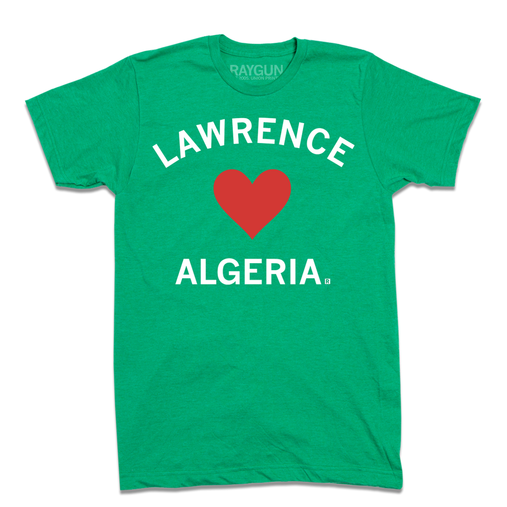 A heather kelly green t-shirt that says, "Lawrence Heart Algeria" with a red heart and white text.