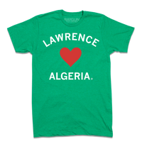 A heather kelly green t-shirt that says, "Lawrence Heart Algeria" with a red heart and white text.