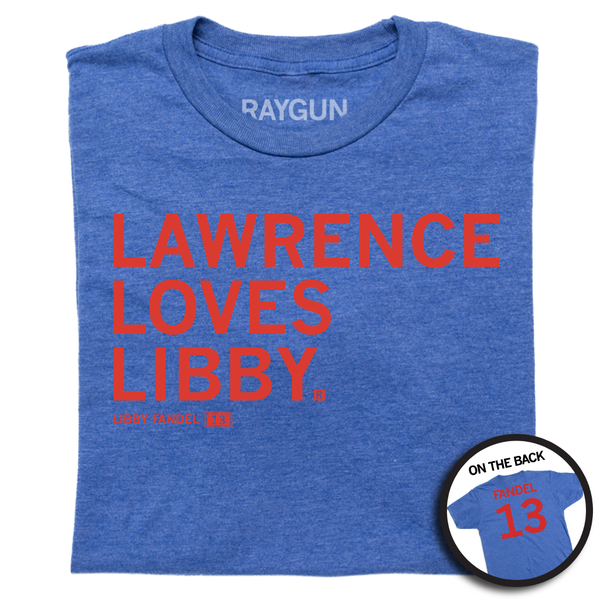 Heather royal t-shirt with red ink in left aligned font that reads 