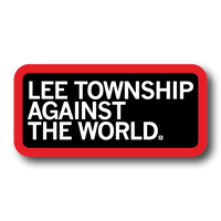 Black rectangular sticker with rounded corners, a red border, and left-aligned white text that says, "Lee Township Against The World" in all caps.