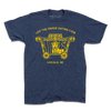 Heather denim blue t-shirt featuring a yellow graphic of a lion in a circus wagon with the text Leo the Paper-Eating Lion and Lincoln, NE.