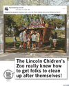 A vintage photo of children feeding trash into a colorful, circus-wagon-style Leo the Paper-Eating Lion sculpture at the Lincoln Childrens Zoo, with a speech bubble saying, The Lincoln Childrens Zoo really knew how to get folks to clean!.
