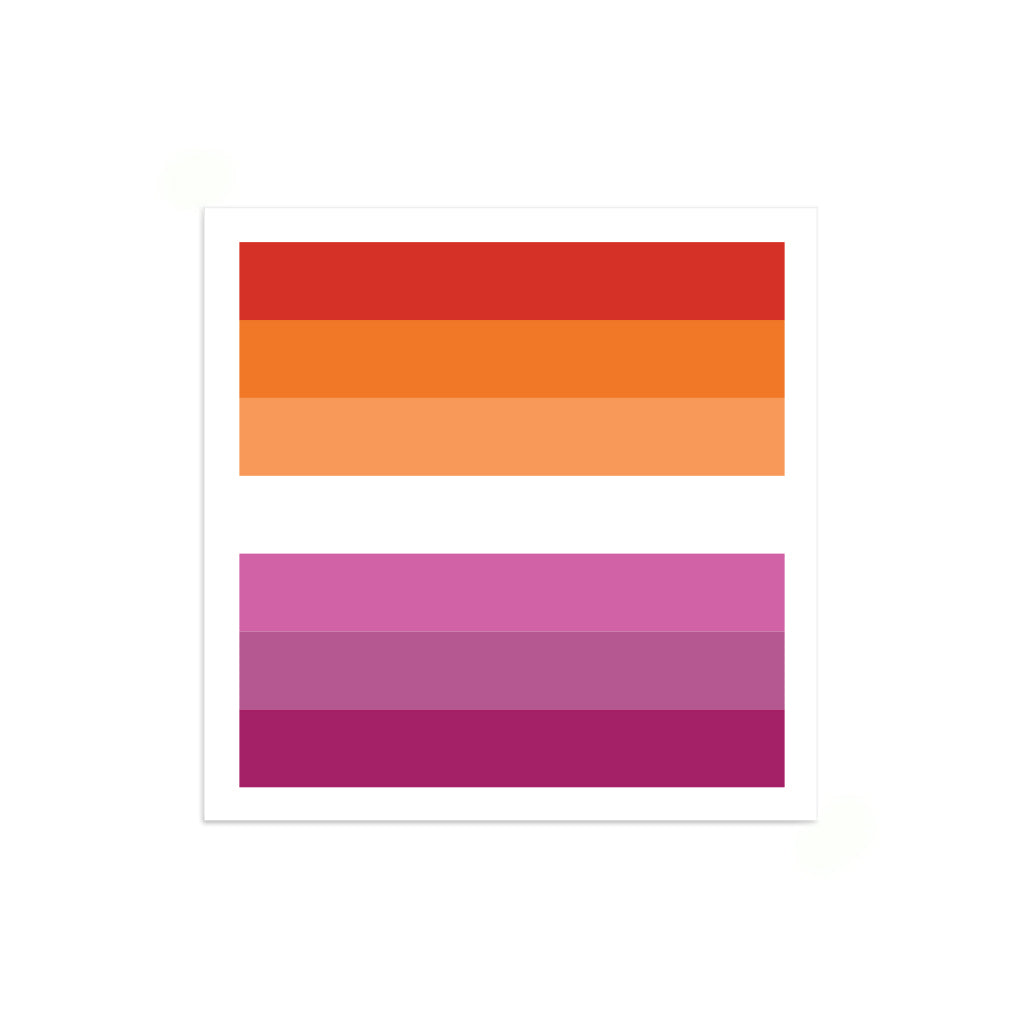 A vinyl sticker of the lesbian pride flag, featuring horizontal stripes of orange and pink shades separated by a white band.