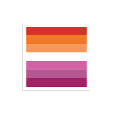 A vinyl sticker of the lesbian pride flag, featuring horizontal stripes of orange and pink shades separated by a white band.