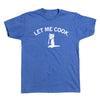 Heather Royal blue t-shirt featuring a white graphic of a cat wearing an apron, with the text LET ME COOK arched above it.