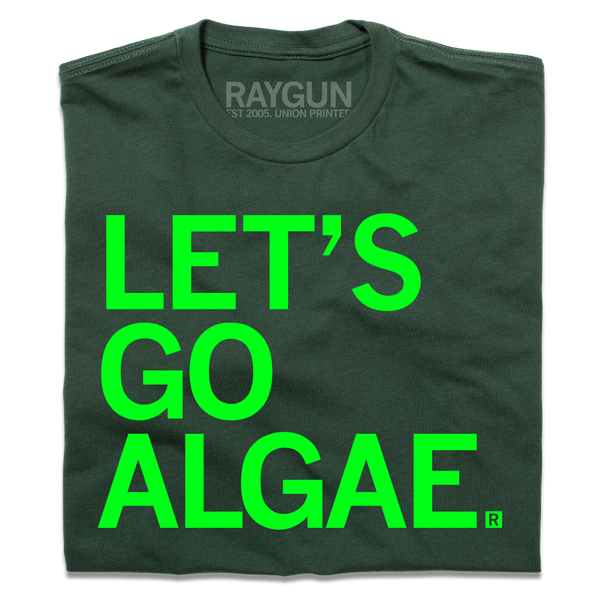 A folded forest green shirt with bright green text that says, 