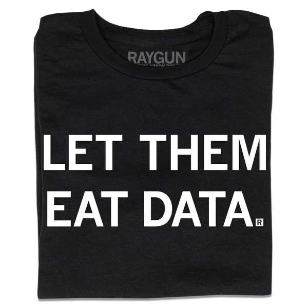 A folded black t-shirt with all caps white text that says, 