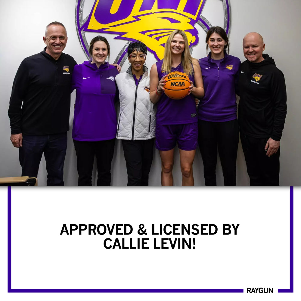 A picture of Callie Levin with some of the UNI basketball staff and text below that reads "APPROVED & LICENSED BY CALLIE LEVIN!"