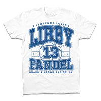 A white shirt with royal blue ink that says, "Lawrence loves" in small font above large text "Libby Fandel" with an illustration of a basketball court in the center and a giant basketball in the center with the number 13. In smaller font at the bottom reads "Guard. Cedar Rapids, IA"