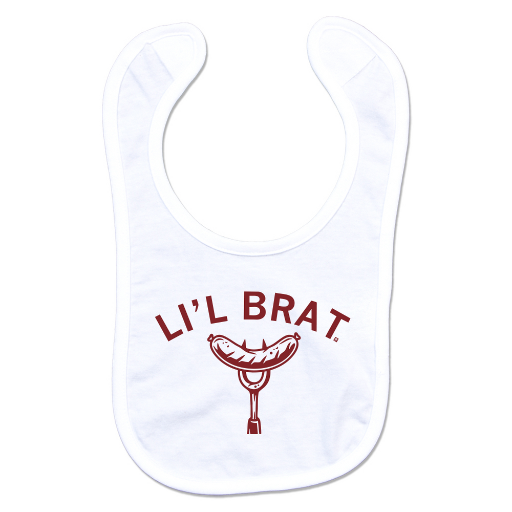 A white bib with cardinal ink that says "Li'l brat" over an image of a bratwurst on a fork.