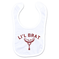 A white bib with cardinal ink that says "Li'l brat" over an image of a bratwurst on a fork.