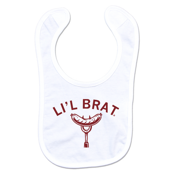 A white bib with cardinal ink that says 