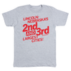 Heather gray Lincoln, Nebraska t-shirt with red text reading: LINCOLN: NEBRASKAS 2nd AND 3rd (sometimes) LARGEST CITIES!.