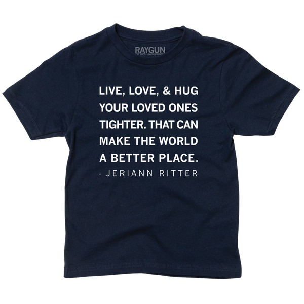 A youth sized navy t-shirt with white ink print that reads 