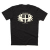 Black RAYGUN t-shirt with a white London Underground graphic of a shield, a sword, and two lions, featuring the text 212 Main Street | Ames, Iowa.