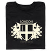 Black RAYGUN t-shirt featuring a white London Underground crest logo with two griffins flanking a sword-bearing shield, with text below noting 212 MAIN STREET | AMES, IOWA.
