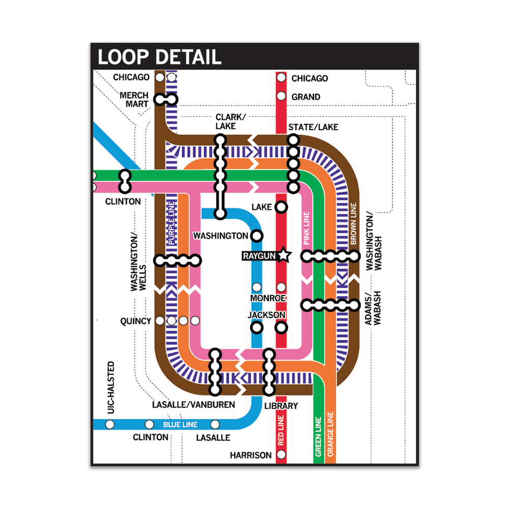 A rectangular sticker detailing the Loop in Chicago with each train line in its given color.