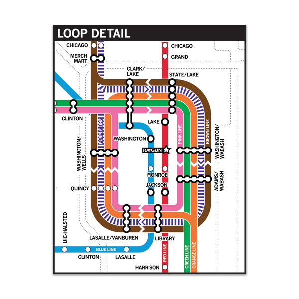 A rectangular sticker detailing the Loop in Chicago with each train line in its given color.