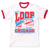 Ringer t-shirt with red collar and sleeve accents. Red and blue ink depicts the Chicago L train in front of the city skyline. Red text with blue outline reads "The Loop" above the image and "Chicago. Live, laugh, loop" below.