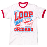 Ringer t-shirt with red collar and sleeve accents. Red and blue ink depicts the Chicago L train in front of the city skyline. Red text with blue outline reads "The Loop" above the image and "Chicago. Live, laugh, loop" below.