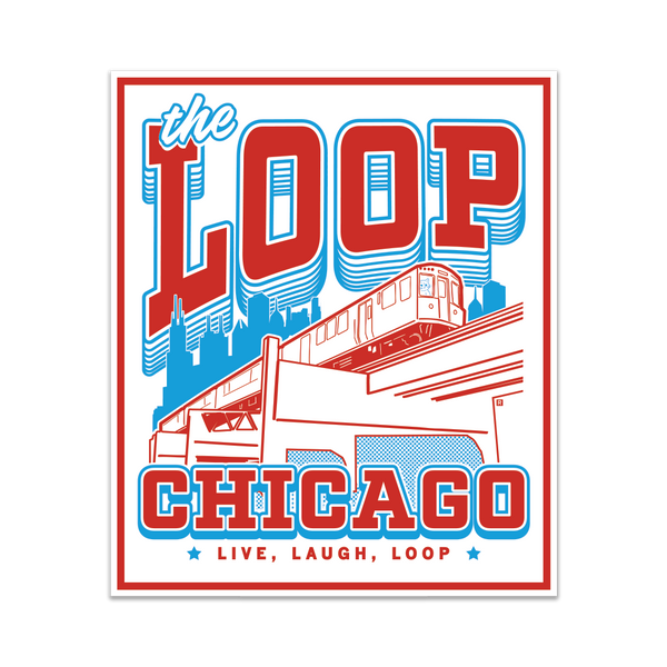 Rectangular sticker with red, white, and blue print depicting the Chicago L train in front of the city skyline. Red text with blue outline reads 