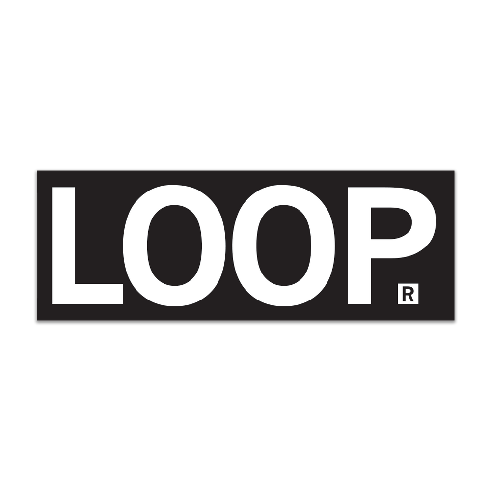 Black rectangular sticker with large white text that says, "LOOP" for Chicago's Loop.