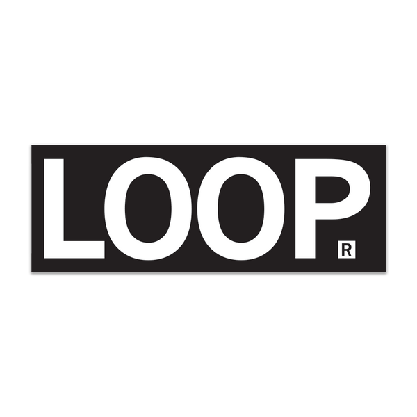 Black rectangular sticker with large white text that says, 