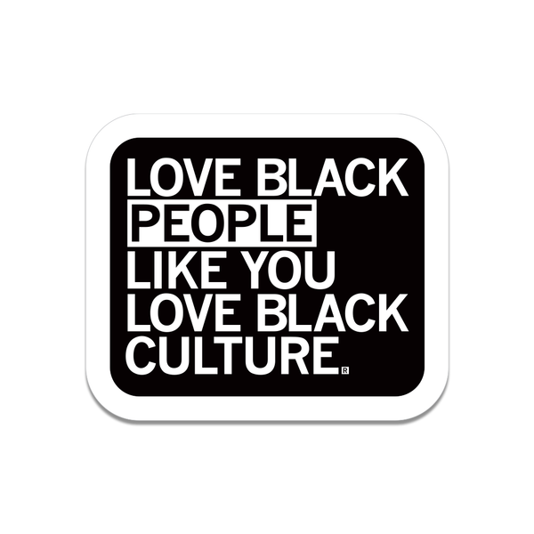 A square black sticker with rounded corners, a white border, and white text that reads 