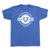 Blue heathered RAYGUN T-shirt featuring a white graphic of a horseshoe and the text I Like My Horses Lucky and My Bulldogs Blue.