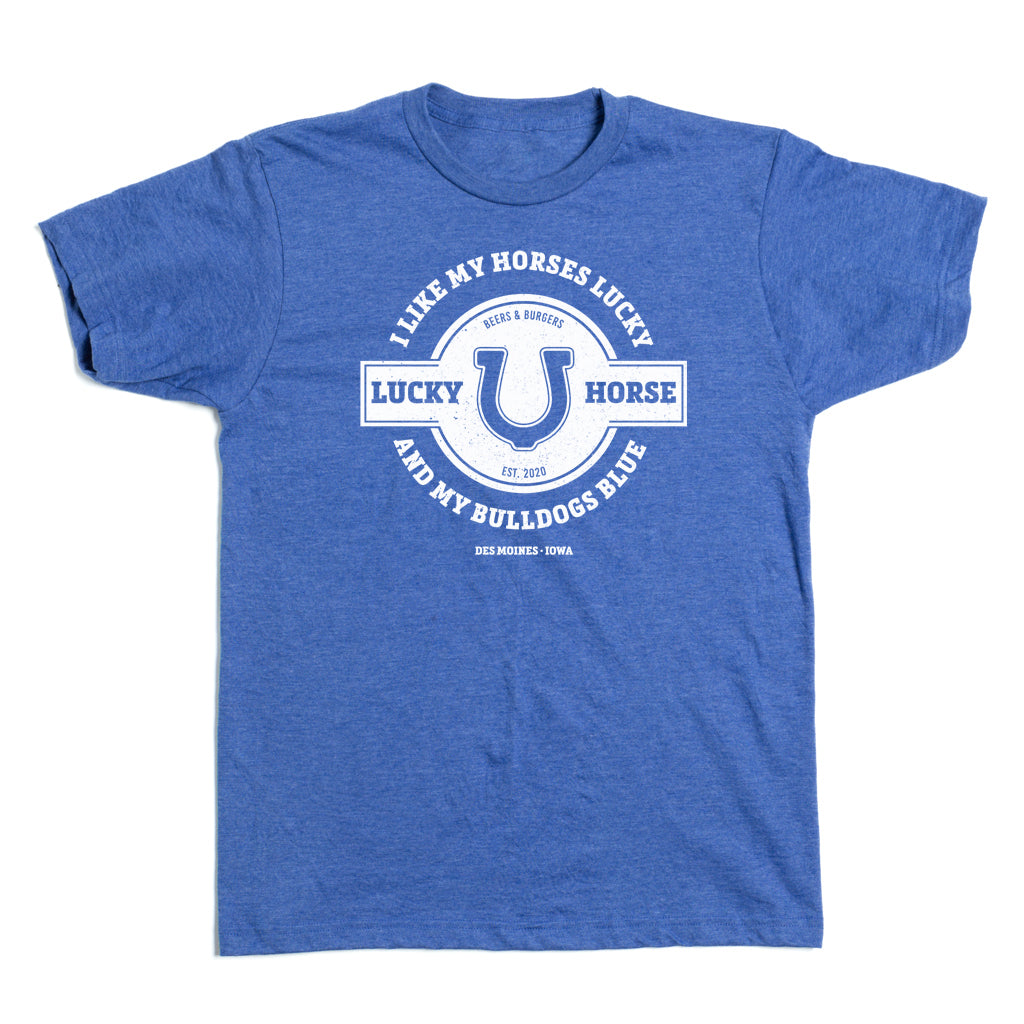 Blue heathered RAYGUN T-shirt featuring a white graphic of a horseshoe and the text I Like My Horses Lucky and My Bulldogs Blue.
