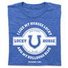 Union-made blue heathered RAYGUN T-shirt featuring a white graphic of a horseshoe and the text I Like My Horses Lucky and My Bulldogs Blue, Beers & Burgers, Est. 2020, Des Moines, Iowa.
