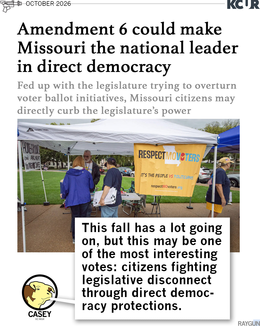 A campaign tent for Respect MO Voters at an outdoor event with a headline about Amendment 6 in Missouri and a text box explaining the effort to protect citizen-led ballot initiatives.