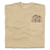 Tan heavyweight pocket tee with a brown line-art illustration of mushrooms growing out of the pocket.