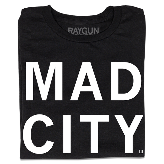 Black Madison t-shirt with MAD CITY printed in large white capital letters.