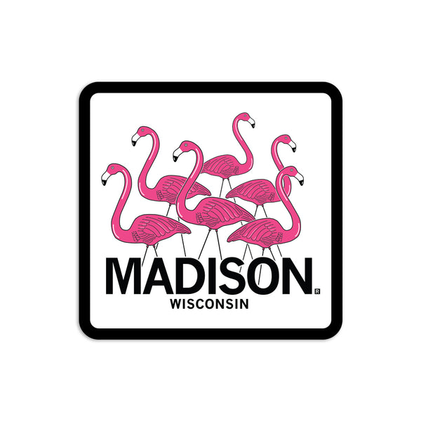 White & pink sticker depicting six lawn flamingos looking in different directions above 