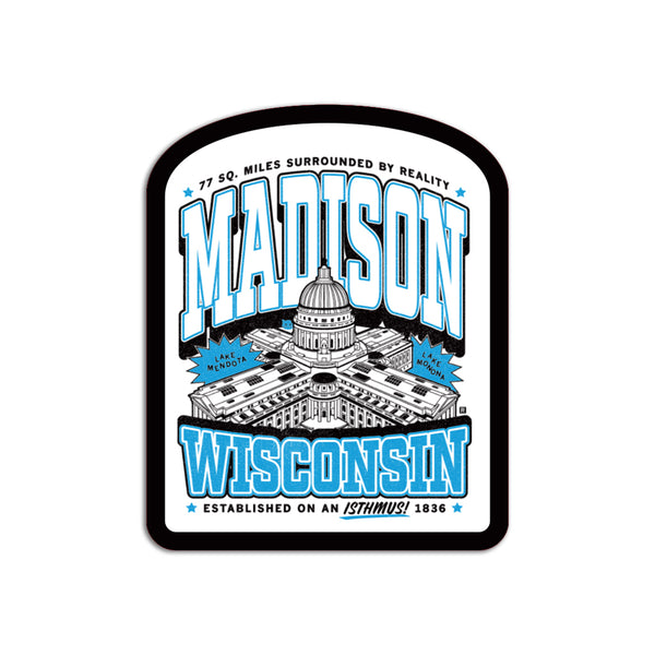Black, white, and blue sticker depicting an aerial view of the Wisconsin Capitol with text that reads 