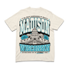 Off-white, garment-dyed heavyweight t-shirt featuring a graphic of the Wisconsin State Capitol with the text Madison, Wisconsin, and 77 sq. miles surrounded by reality.