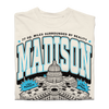 Cream-colored heavyweight Madison, WI t-shirt featuring a graphic of the State Capitol, the text MADISON, 77 SQ. MILES SURROUNDED BY REALITY, and labels for Lake Mendota and Lake Monona.