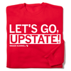 Folded red crewneck sweatshirt with white ink text that says, "LET'S GO UPSTATE!" over smaller text that reads "MAGGIE SCANNELL" beside a small outline of Wisconsin with the number 14 in the center.