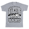 Heather gray T-shirt featuring a graphic of a marching band with the text I’m just here for the marching band, bunch of treblemakers.