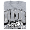 Heather grey t-shirt featuring a marching band illustration and the text, I’m just here for the marching.